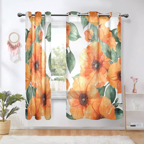 Flowers Orange Blackout Curtains Thermal Insulation 63 inch Grommet for Bedroom Living Room Bathroom Kitchen Windows 2 Pack
