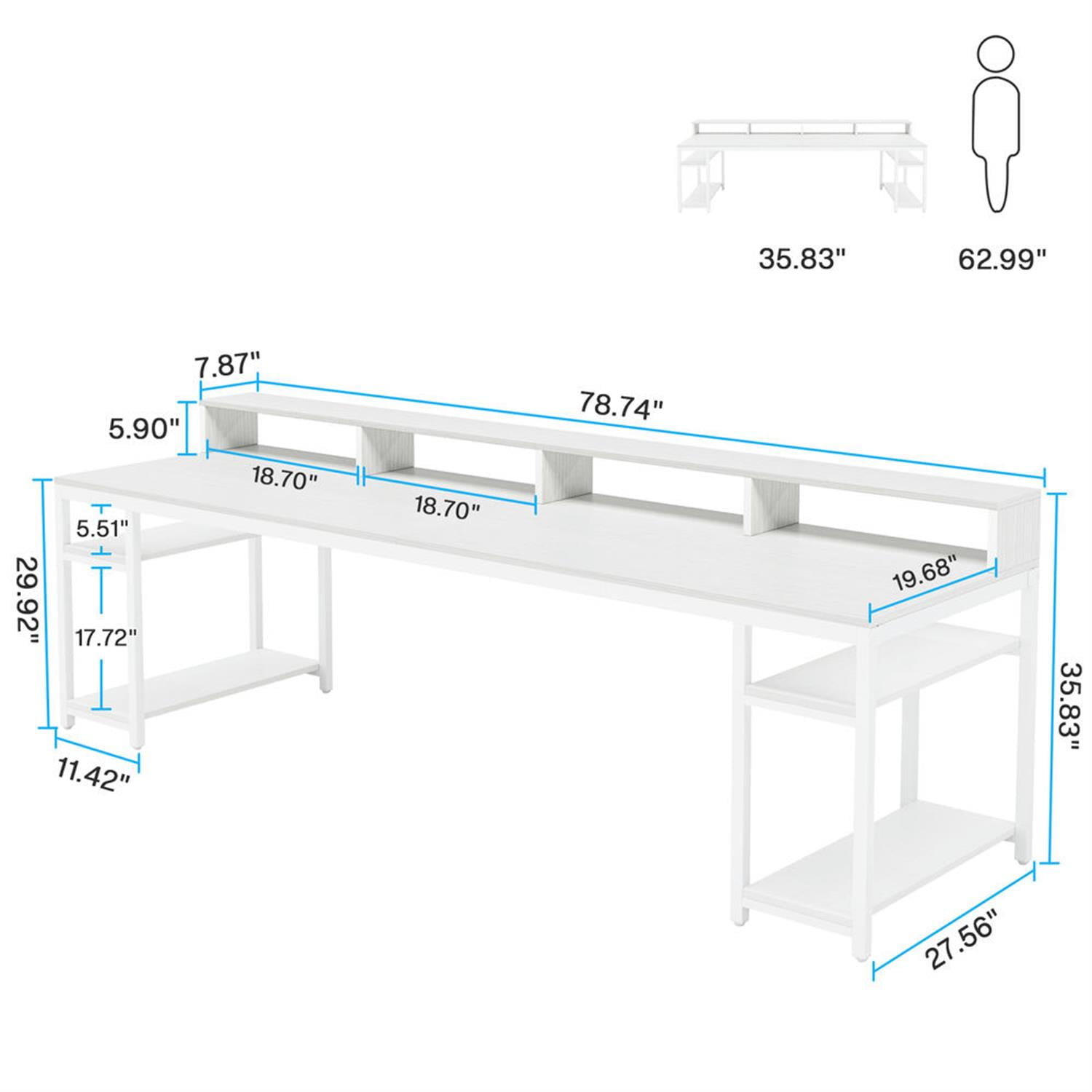 Demi Bonn 78"dustrial Two Computer Desk with Monitor Stand and 4 Open Shelf, Modern Double Study Writing Gaming Table for Home Office, White