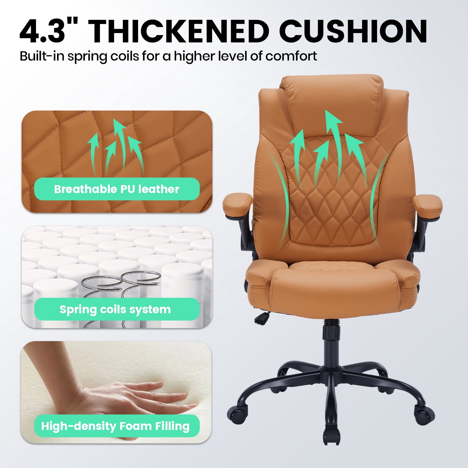Garvee Big and Tall Executive Leather Office Chair – 350 lbs Capacity Ergonomic Computer Desk Chair – Lumbar Support, Adjustable Turn-Up Arms & Wheels, High Back Managerial Chair – Brown