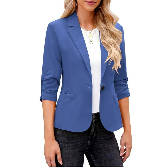 BRGZLK Women's 3/4 Sleeve Blazers Fashion Solid Color Lapel Casual Lightweight Slim Fit Business Suit with Pockets Blue XXL