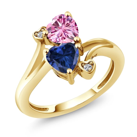 Gem Stone King 18K Yellow Gold Plated Silver Pink Moissanite Blue Created Sapphire and White Lab Grown Diamond Ring for Women (1.63 Cttw, Heart Shape 6MM, Gemstone Birthstone, Size 5)