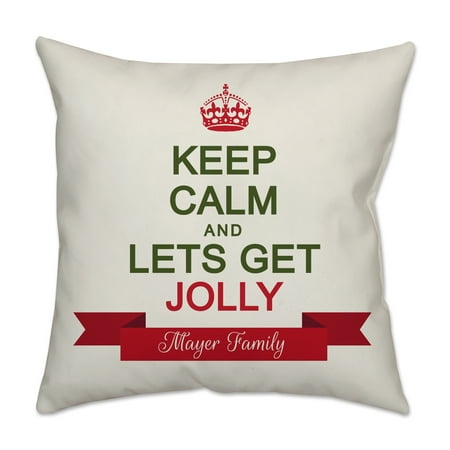 Personalized "Keep Calm and Let's Get Jolly" Poplin Square Throw Pillow in Off White