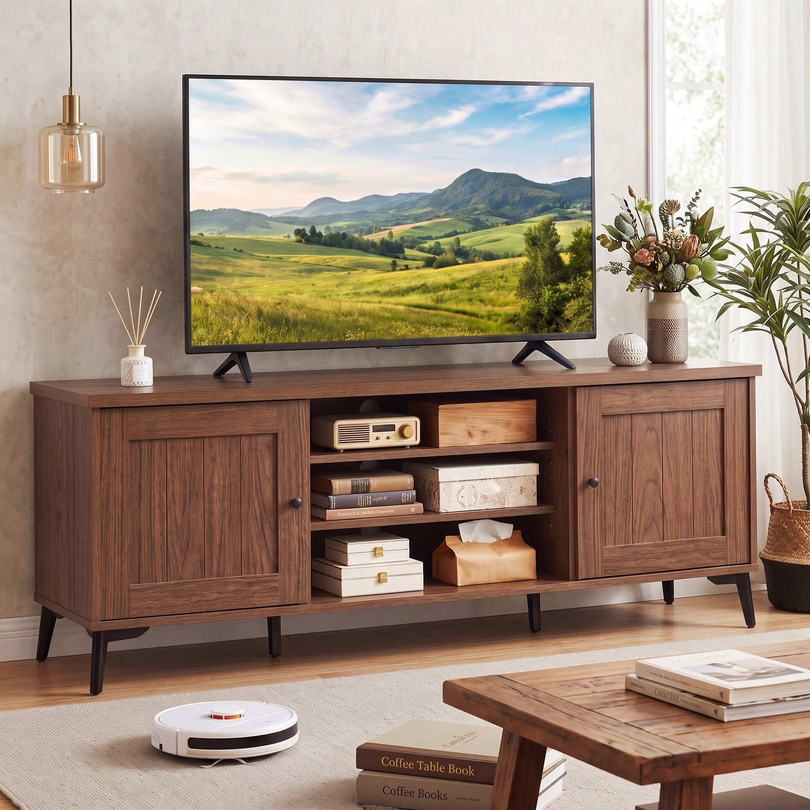 Furnibear 2-Door TV Stand for TVs up to 65 Inch, Mid Century Modern Entertainment Center with Adjustable Shelf, 3 Open Compartments & Cable, Turquoise/Brown