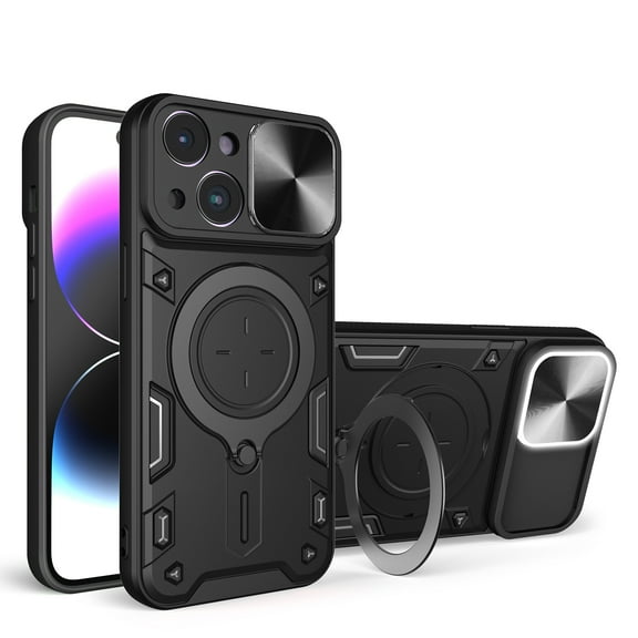 Magnetic Ring Stand Case for iPhone 15 Plus Case with Camera Lens Sliding Cover, Compatible with Car Mount Holder, Hybrid Rugged Military Grade Shockproof Lens Protection Case, Black