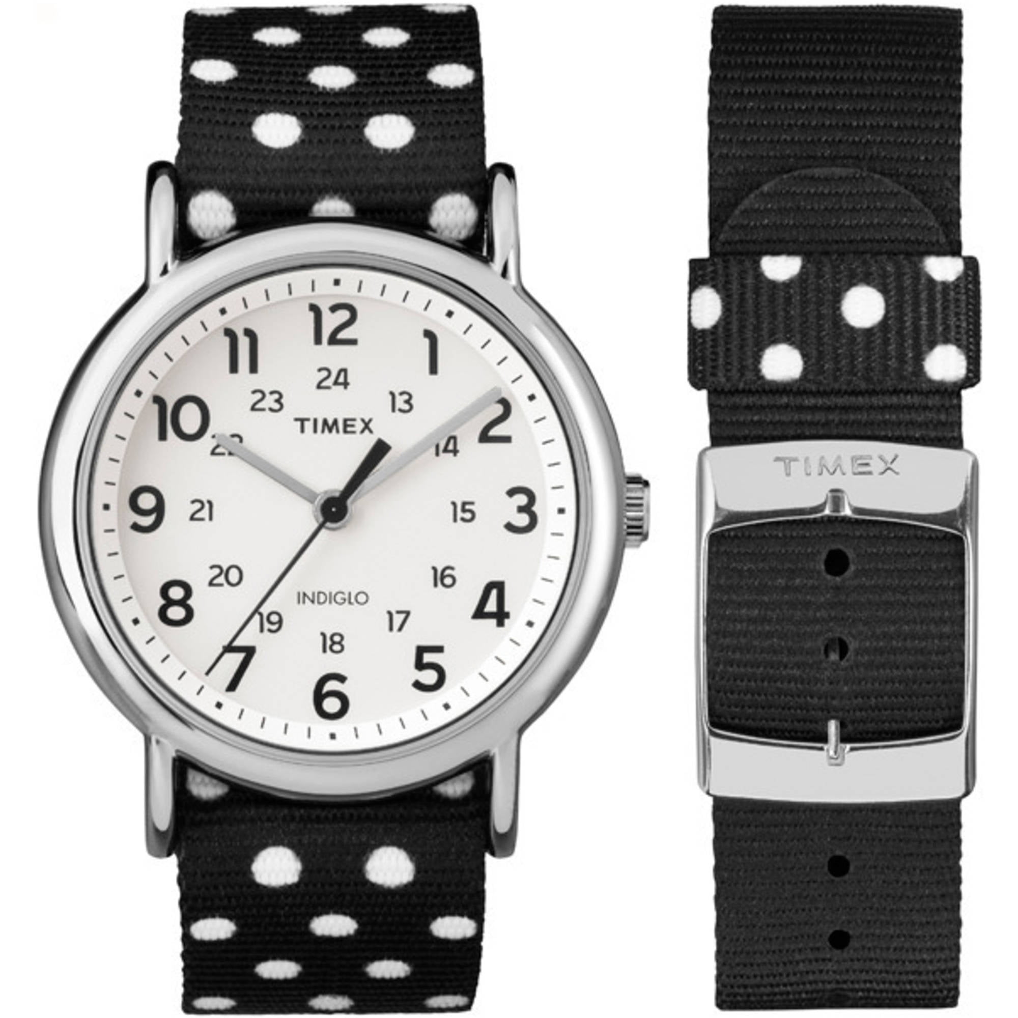 Timex Women's Weekender Watch, Reversible Black White Polka Dot Nylon Slip-Thru Strap by Timex