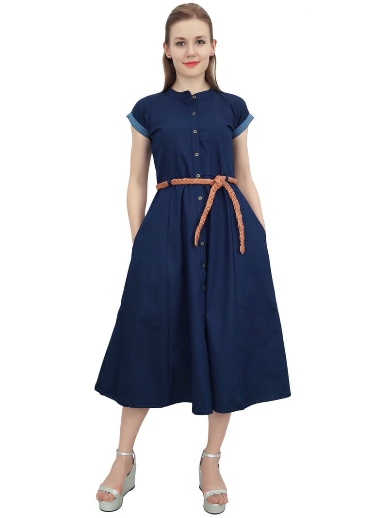 navy blue dress for baby girl Bimba Navy Blue Women's Denim Solid Mid Calf A-Line Dress With Tie Waist  Dori - 4