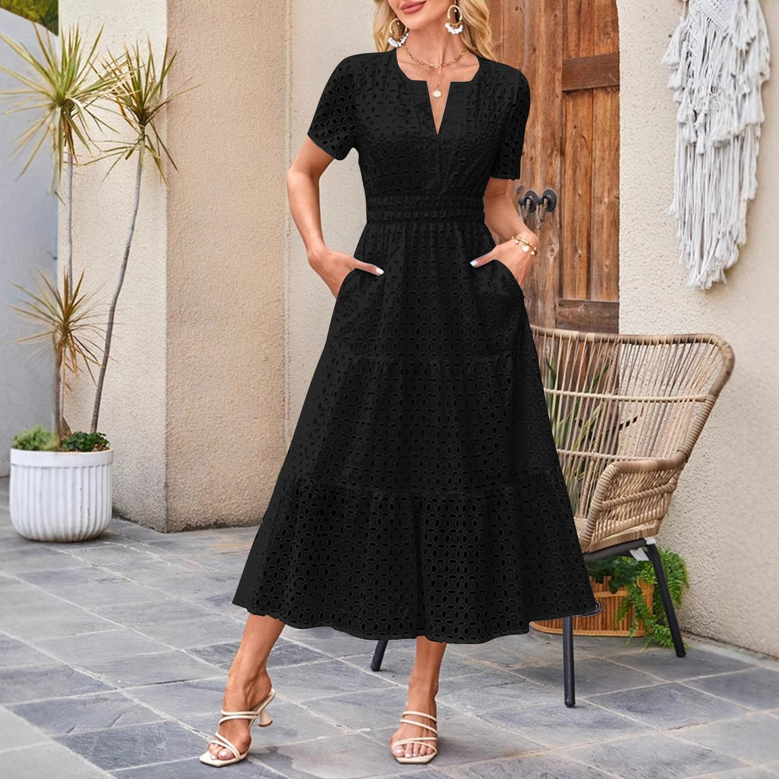GaThRRgYP Hidden Pockets Short Sleeve V-Neck Dress-Functional Design,Women's Casual Printed Pleated Elastic Waist Sleeveless V-Neck Dress Black L