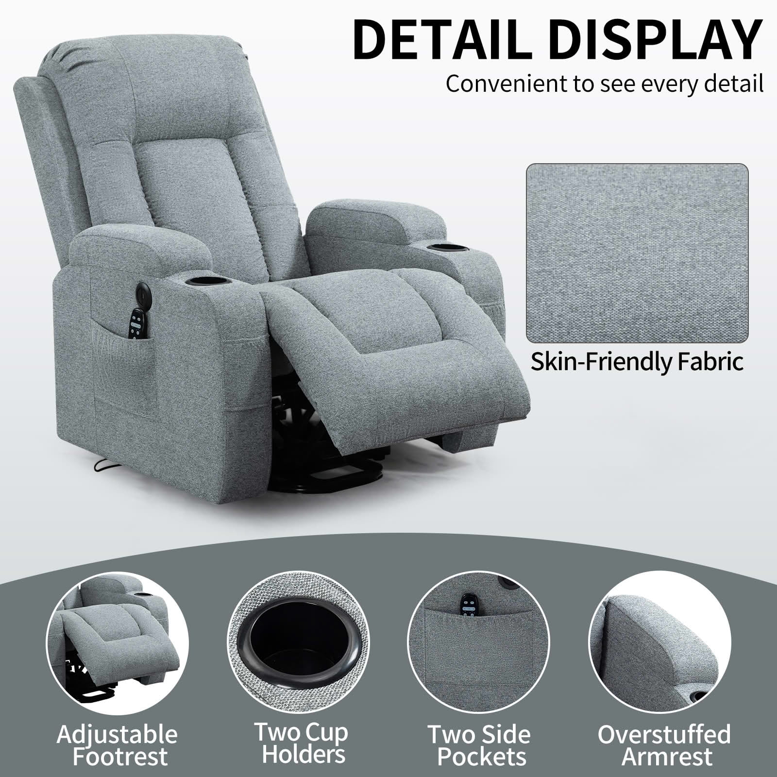 MAYEERTY Gray 350 lbs Single Motor Power Lift Recliner Chair, 8-Point Massage Heat USB Cup Holders for Elderly Living Room