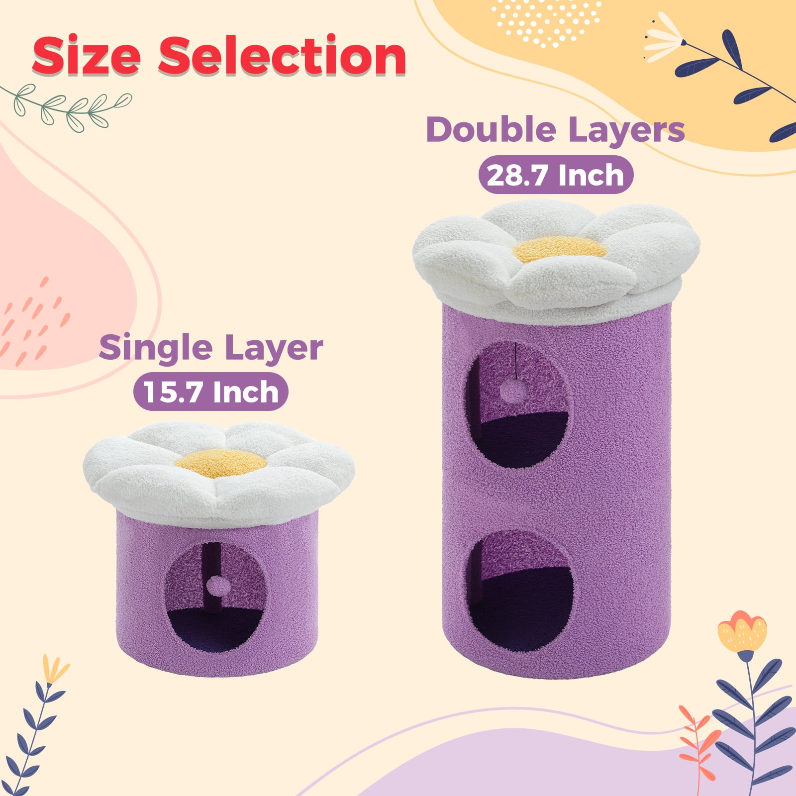 Pefilos 28" 2-Level Cat House Condo with Tree, 2 Cave Bed & Removable Flower Cat Cushion, Purple
