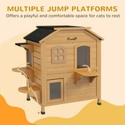 PawHut Outdoor Wooden 2-Story Cat House, Wooden Door, Openable Roof, Jumping Platforms, Natural