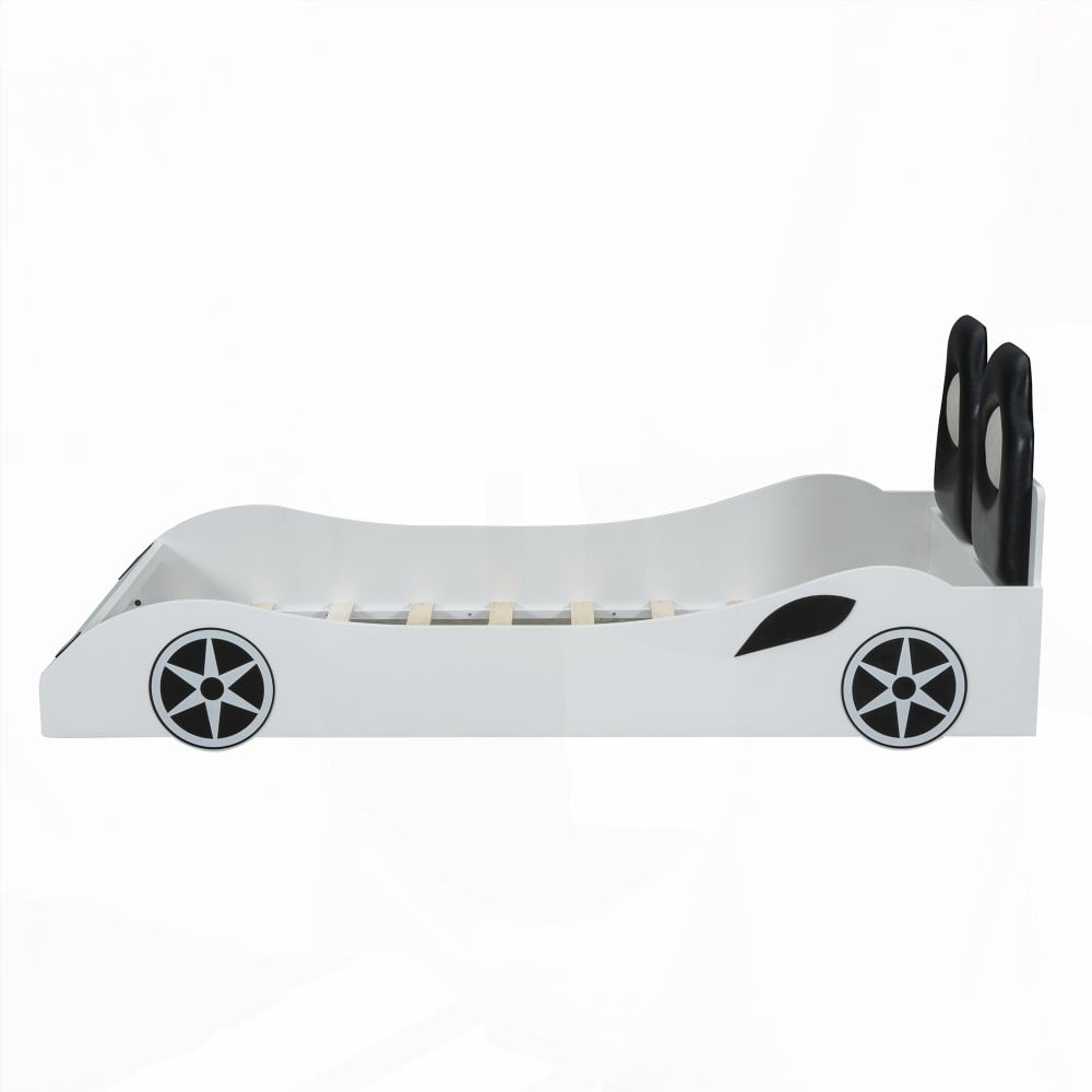 [Comfortable & Safe] Restonic Wood Twin Size Race Car Bed with LED & Upholstered Backrest