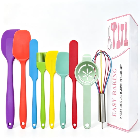 9‑Piece Silicone Spatula Set, Heat‑Resistant Silicone Baking Utensils, Non‑stick Kitchen Cooking Tools with Whisk, Basting Brush and Egg Separator, Multicolor Rubber Spatula Kit for Mixing, Baking