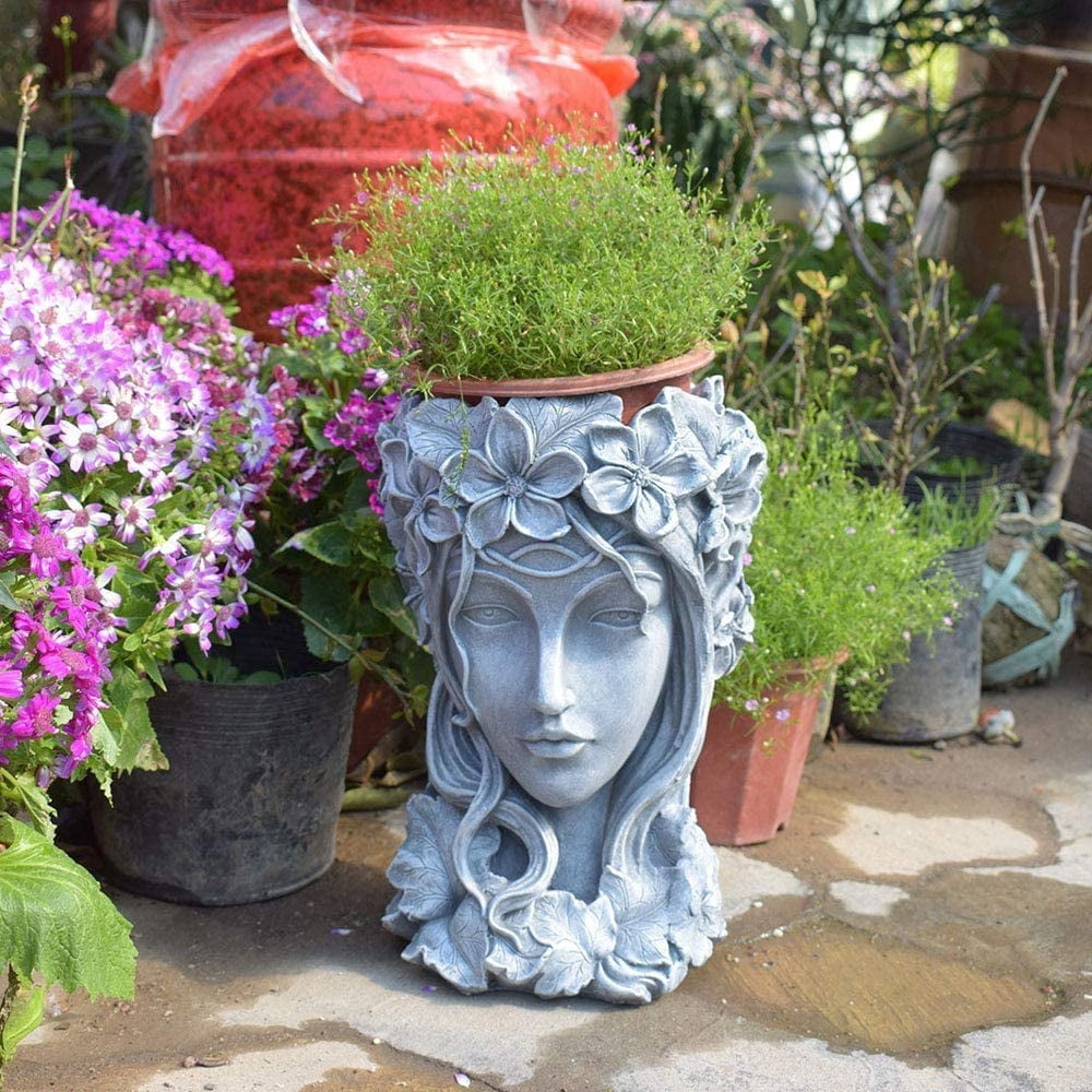 Sungmor Goddess Head Resin Planter for Garden Gray 9×9×14 In Ornaments