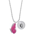 thumbnail image 1 of Delight Jewelry Silvertone Large Translucent Hot Pink Flying Butterfly Silvertone Script Initial Disc - O - Charm Necklace, 20"+3", 1 of 4