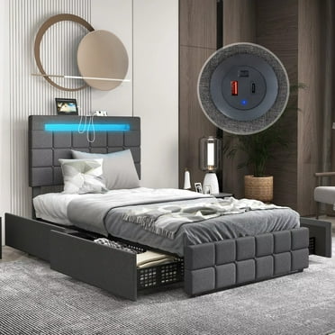 Auranook Twin Size Led Bed Frame, Platform Bed w/ Adjustable Headboard, Solid Wood Slats, Upholstered Bed Frame w/4 Storage Drawers, USB Ports
