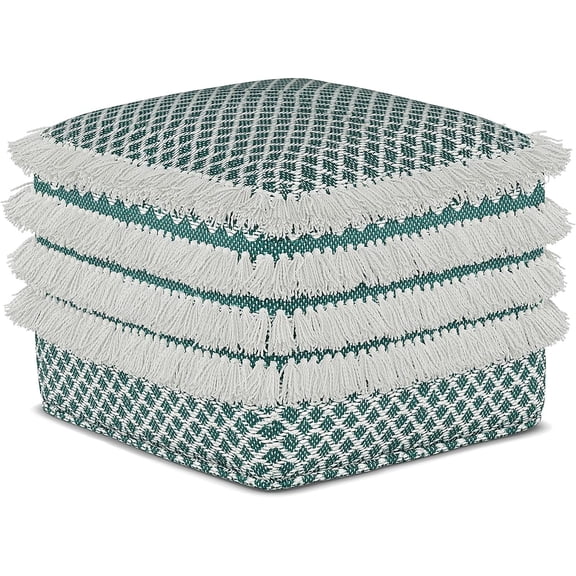Woven Square Pouf - 18" Turquoise & White Outdoor Indoor Floor Cushion