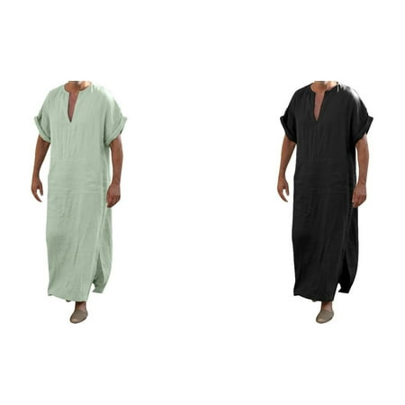 2 Pack(Black & Green) Mens Casual Fashion Muslim Long Sleeve Button Shirt Cotton V Neck Short Shirt Sleeve Robe Jacket Button down Shirt Men Bodysuit Short West