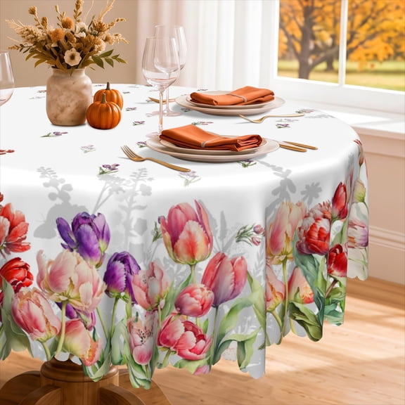 Nanqianyi Colorful Tulip Floral Round Tablecloth 60 inch Waterproof & Oil Table Cloth Cover For Kitchen Picnic Party Decoration