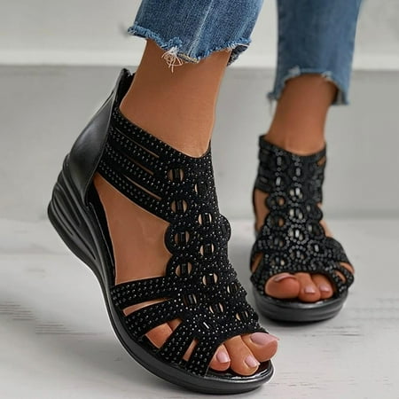 

Women s Ladies Fashion Vintage Crystal Outdoor Hollow Out Zip Up Sandals Shoes