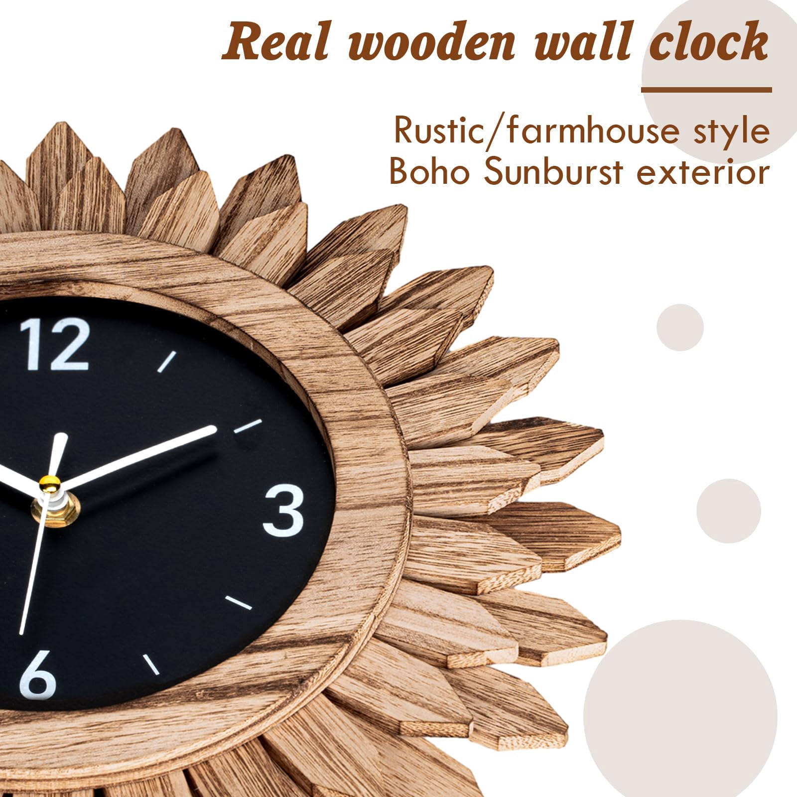 12 In Rustic Wood Boho Sunburst Decorative Wall Clock Silent Non Ticking Farmhouse Small Wall Clocks for Living Room Kitchen Bedroom Decor (Rustic Brown)