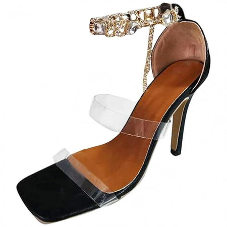 

LoyisViDion Ladies Square Toe Sandals High Heels Fashionable Rhinestone Transparent High Heels Sandals Black 7.5(38)