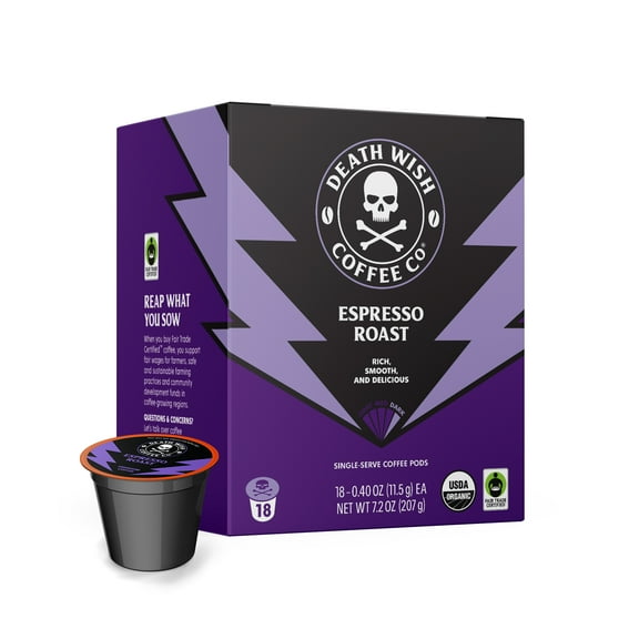 Death Wish Coffee, Organic and Fair Trade, Espresso Roast, Single-Serve Coffee Pods, 18 Count