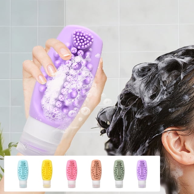 Botella dispensadora de viaje de silicona portátil 2 en 1 con cabezal de cepillo para champú y gel de baño, recipiente transparente a prueba de fugas de 5 pulgadas, 60 g liviano, múltiples colores