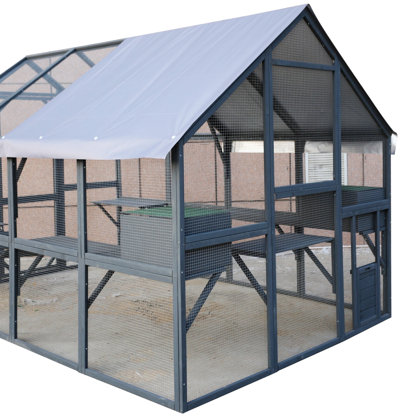 Large Outdoor Cat Enclosure Wooden Catio with Bridges, Walks, Small Houses, Roof Cover 110 Inch Gray