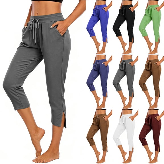 Bloomae Womens Capri Yoga Pants Loose Workout Joggers Side Slit Summer Drawstring Cropped Sweatpants Lightweight Comfy Lounge Pajama Capris Pants with Pockets