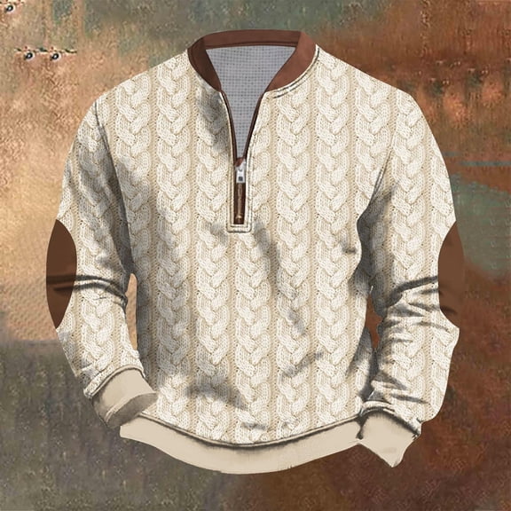 Kakii Long Sleeve Shirts for Men Vintage 3D Print Quarter Zip Pullover Relaxed Fit Stand Collar Cable Knit Polo Shirt