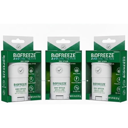 Biofreeze Dry Stick, Mess-Free Relief for Neck, Shoulder, Knee, Hip, Hand & Joint, Cooling Menthol Pain Relief Stick, 100+ Uses, 0.76oz (Pack of3)