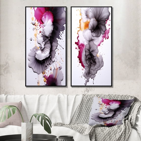 Designart "Ethereal Fluidity Magenta and Gold Ink Clouds VII" Abstract Painting Framed Wall Art Set Of 2 - Modern Blue Framed Wall Art Set Of 2
