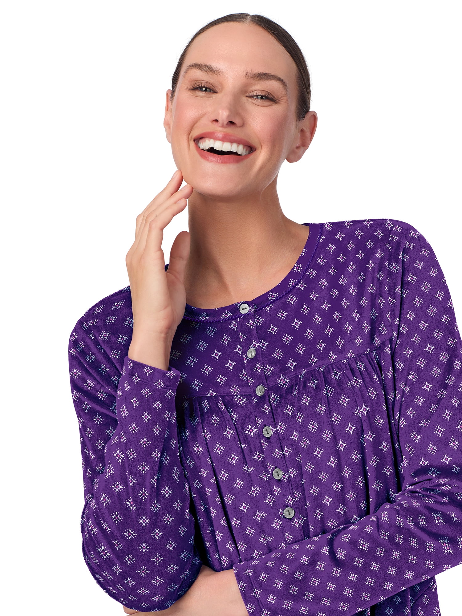 Aria Women’s Long Sleeve Stretch Velour 44" Sleepwear Nightgown, Sizes XS-5X