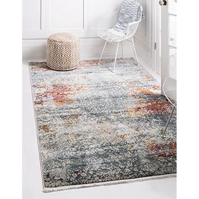 Unique Loom Baracoa Collection Vibrant Tones Distressed Vintage Traditional Area Rug, 5 ft 5 in x 8 ft, Ivory/Gray