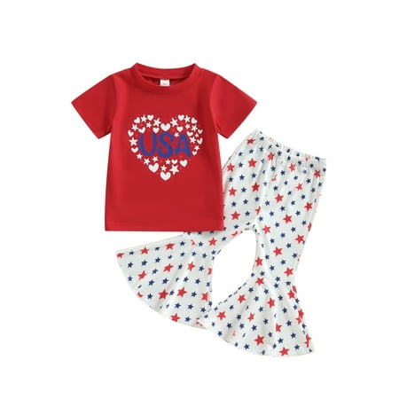 

Bagilaanoe 4th of July Clothes for Toddler Baby Girls Short Sleeve Letter Print T-shirt Tops + Stars Flare Trousers 6M 12M 18M 24M 3T 4T Kids Independence Day Outfits 2pcs Long Pants Set