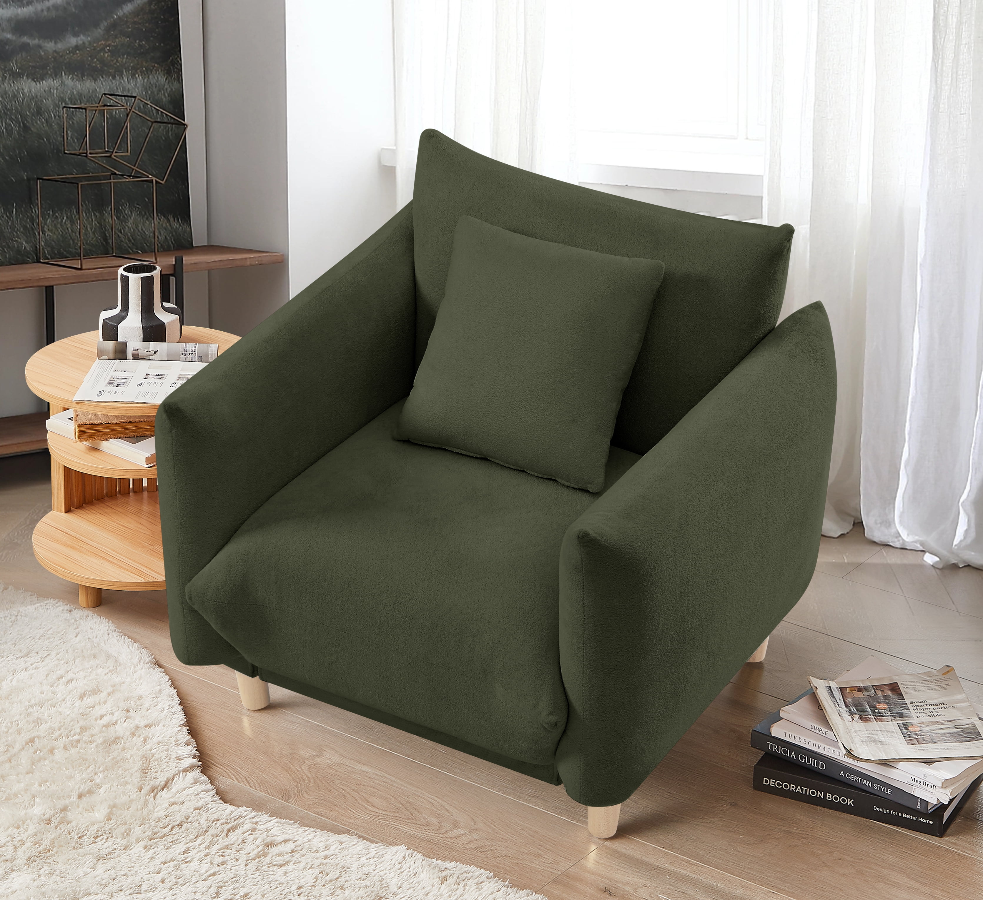Oversize Accent Chairs for Living Room,Comfy Towelling Fabric Upholstered Armchair,Mid Century Modern Reading Arm Chair Single Sofa Chair with Wood Legs for Living Room Bedroom Playroom,Dark Green