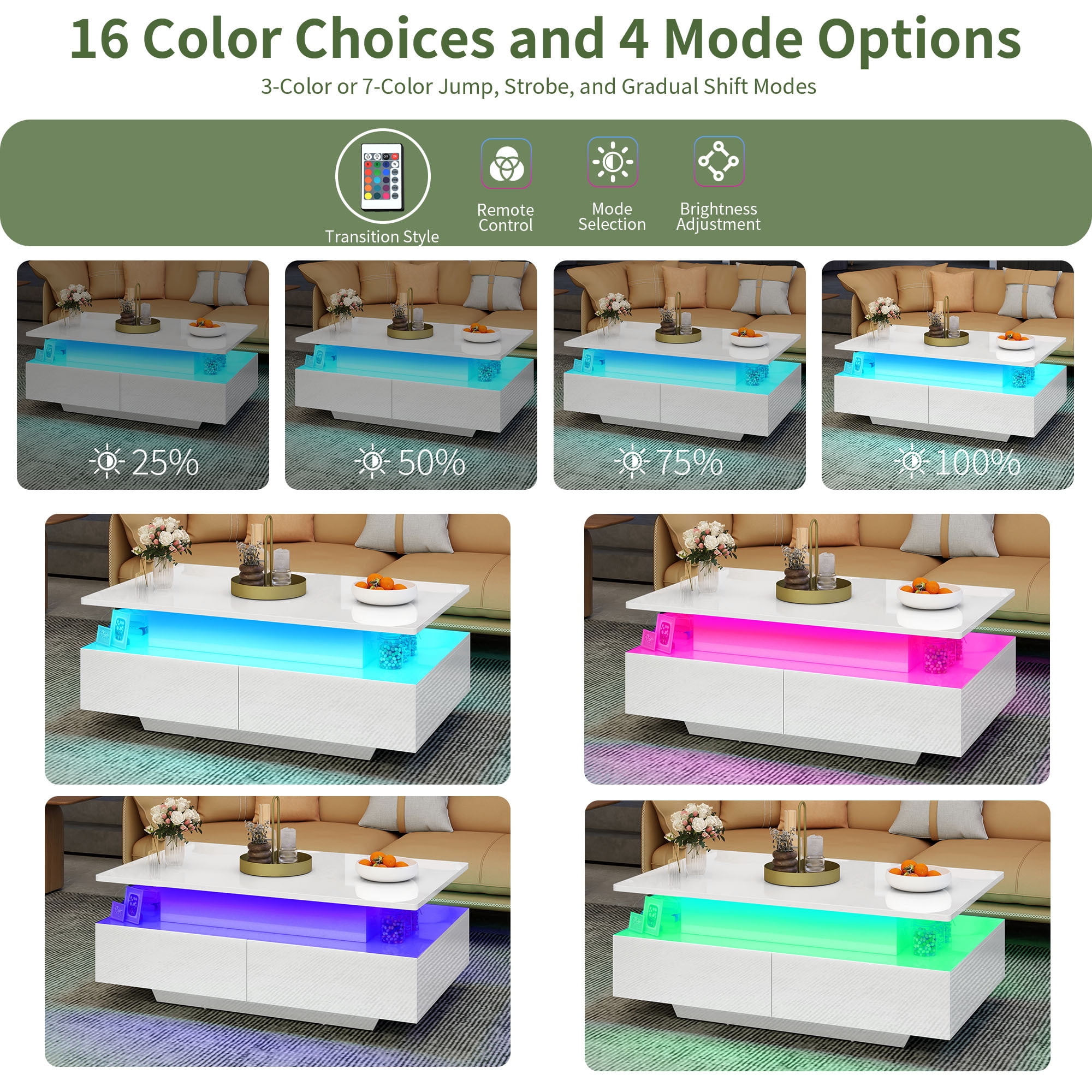 Uforic LED Lift Top Coffee Table with 4 Drawers and Hidden Storage, Modern White Finish