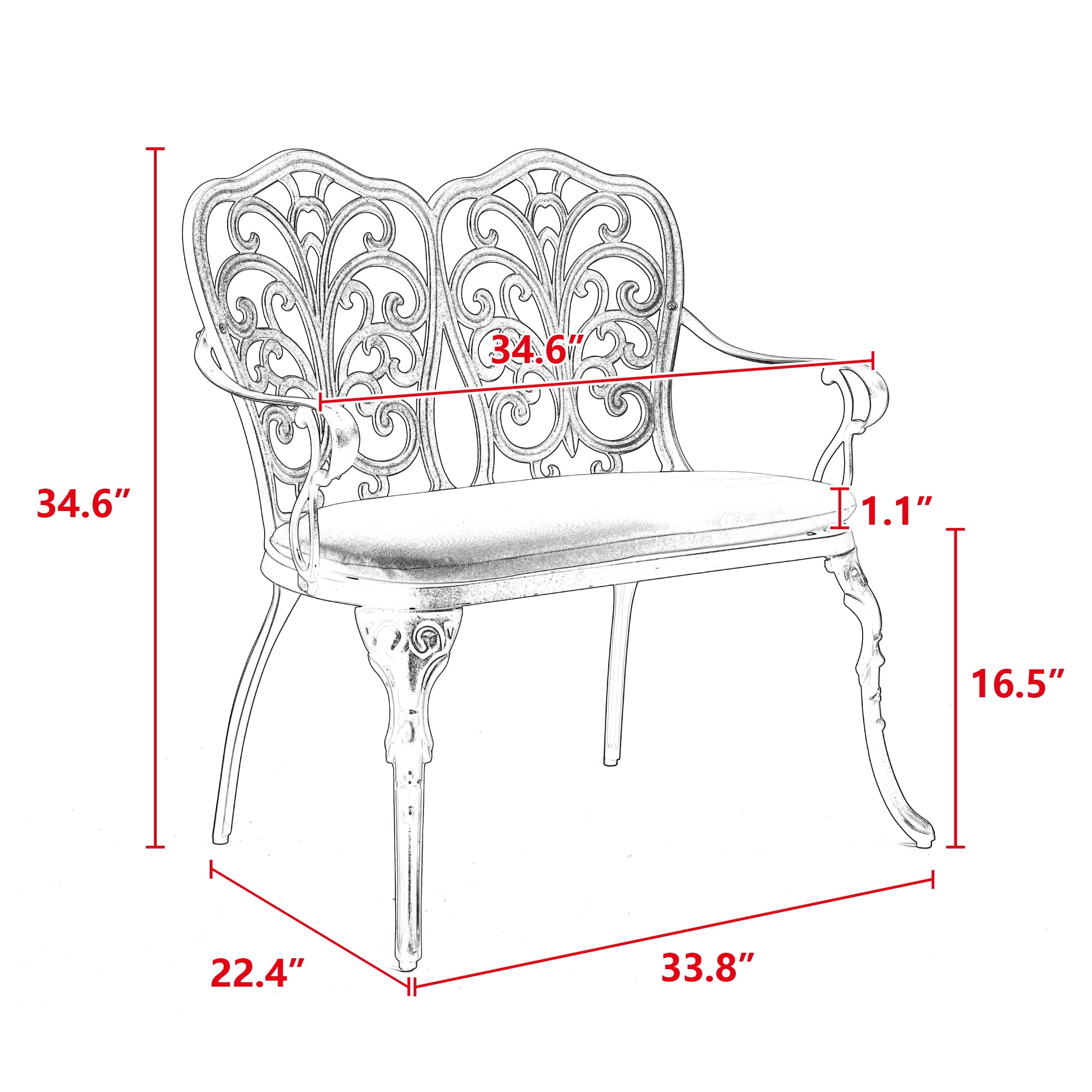 Cast Aluminum Outdoor Bench with Tulip Pattern and Removable Cushion, Weather-Resistant Patio Garden Bench, Black