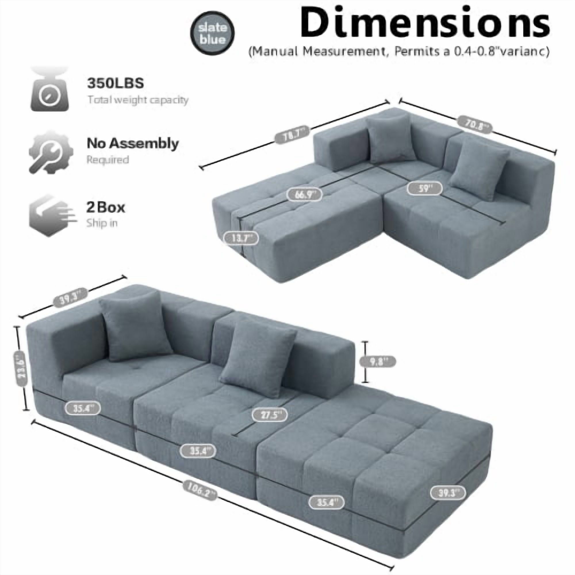 Howcool 106" Boneless Cloud Couch, U-Shaped Modular Compression Sofa Bed, Foldable Floor Sofa with Deep Seat, Foam Couch No Assembly, 3 Seater, Grey