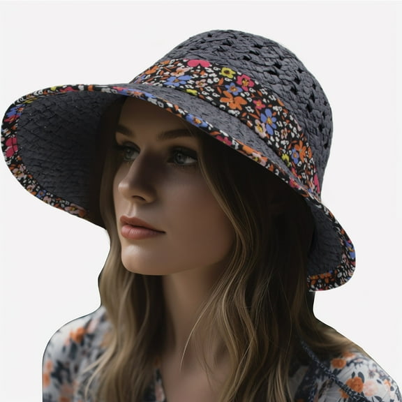 ACCEHUT Boho Floral Black Sun Hat Hollow Out Crochet Wide Brim Straw Hats Summer UV Protection Travel Beach Hats For Women
