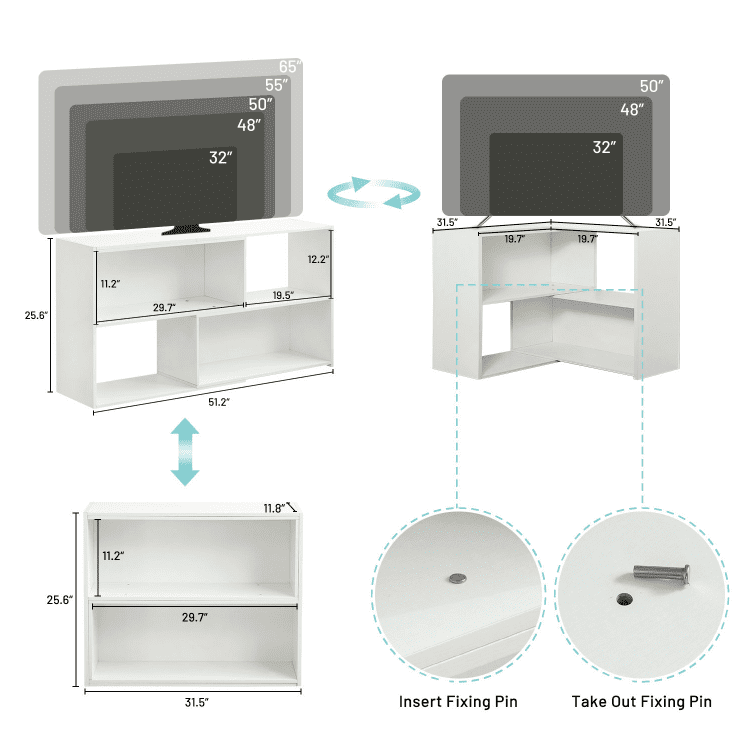 Reliancer TV Stand for TVs Up To 65‘’, Open Storage Shelf Cabinet, Corner TV Console Table, White