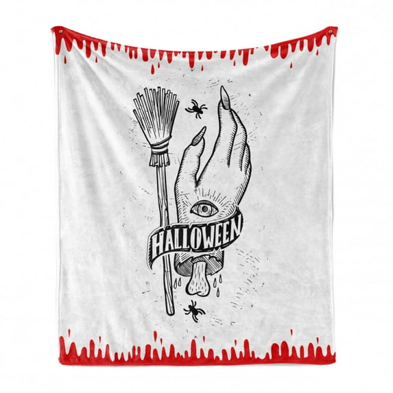 Halloween Soft Flannel Fleece Blanket, Monochrome Sketch Witch Hand with Eye Broomstick Spiders Blood Drops, Cozy Plush for Indoor and Outdoor Use, 70" x 90", Charcoal Grey Vermilion, by Ambesonne