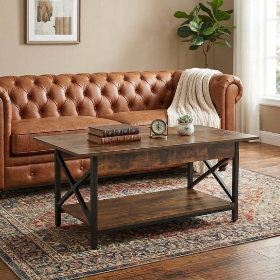 YYAo Coffee Table Butcher Block Top Large Accent Table,2-Tier Industrial Rectangular Coffee Table with Storage Shelf-Rustic Brown