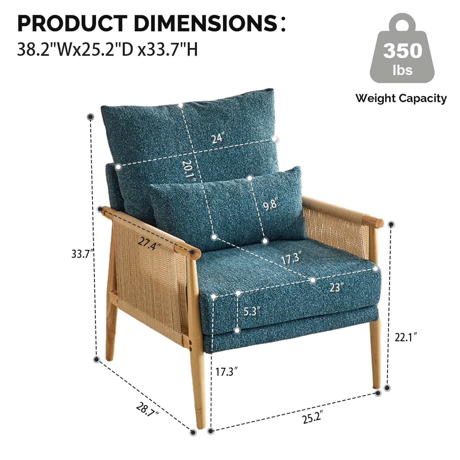 Ktaxon Accent Chair, Solid Wood and Jute Rope Armrests Armchair, Single sofa with Lumbar Pillow for Living Room Bedroom Office Blue-Green