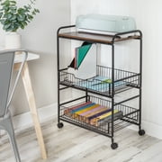 Honey Can Do 3-Tier Rolling Kitchen Storage Cart with Wood Shelf and Pull-Out Baskets, Black/Walnut