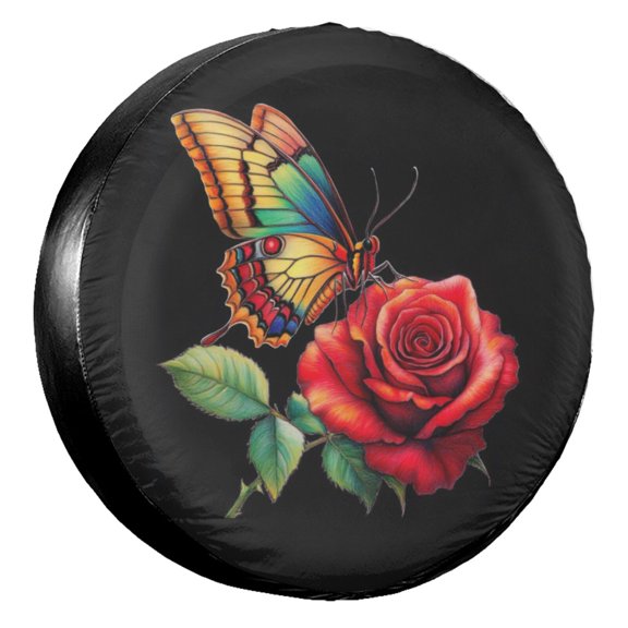 KAKALAD Colorful Butterfly Rose 01 Spare Tire Cover Universal Vehicle Accessories Buckle Car Tools 14”in