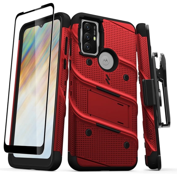 ZIZO Bolt Bundle for Moto G Play 2022 Case with Screen Protector, Kickstand, Holster & Lanyard - Red