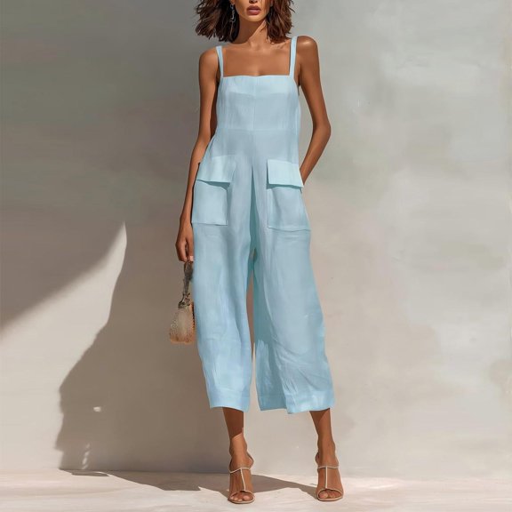 Asgosdo Women Cotton Linen Overalls Square Neck Sleeveless Capris Rompers Casual Comfy Jumpsuits with Pockets