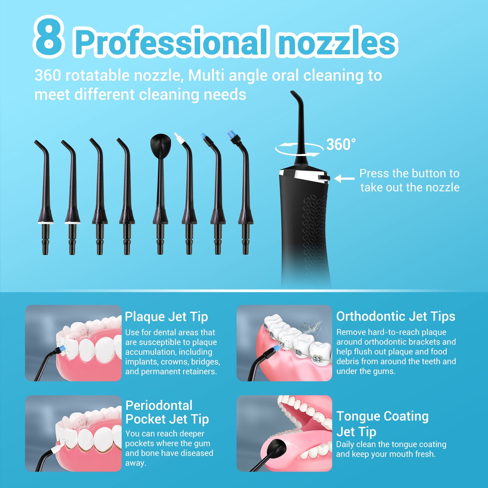 (5 pack) MySmile LP211 Portable Water Flosser Cordless for Teeth Braces, Oral Irrigator, Electric Water Dental Picks, 5 Modes, 8 Jet Tips, Travel Bag, Black