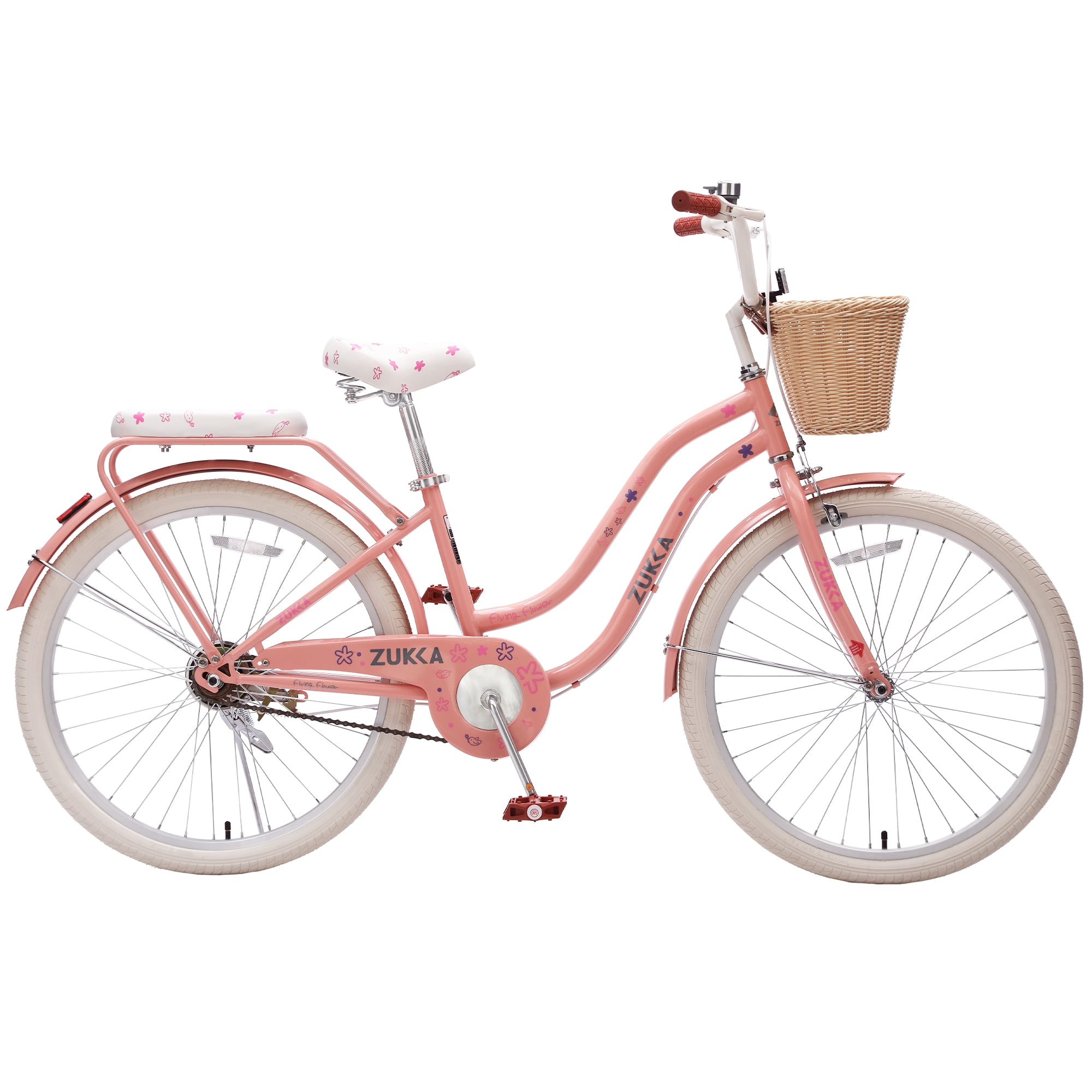 Aukfa 24" Retro Beach Cruiser Bike for Women & Girls, Single Speed City Commuter Bicycle with Basket & Rear Rack,Orange